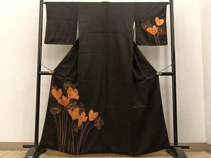平和屋着物■訪問着　草花文　黒地　金彩　正絹　逸品　BAAY3270hj