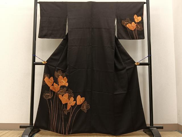 平和屋着物■訪問着　草花文　黒地　金彩　正絹　逸品　BAAY3270hj