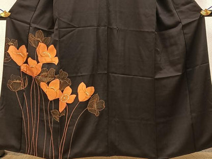 平和屋着物■訪問着　草花文　黒地　金彩　正絹　逸品　BAAY3270hj
