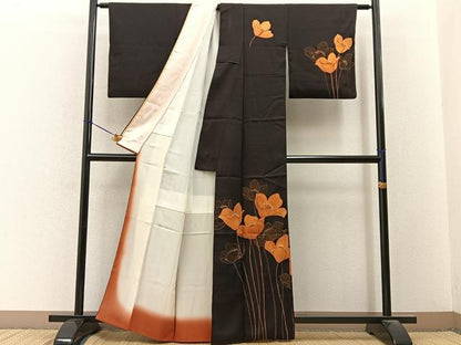 平和屋着物■訪問着　草花文　黒地　金彩　正絹　逸品　BAAY3270hj