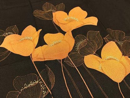 平和屋着物■訪問着　草花文　黒地　金彩　正絹　逸品　BAAY3270hj