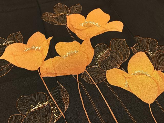 平和屋着物■訪問着　草花文　黒地　金彩　正絹　逸品　BAAY3270hj