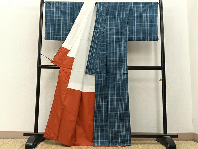 平和屋着物■上質な紬　格子柄　正絹　逸品　BAAY3271hj