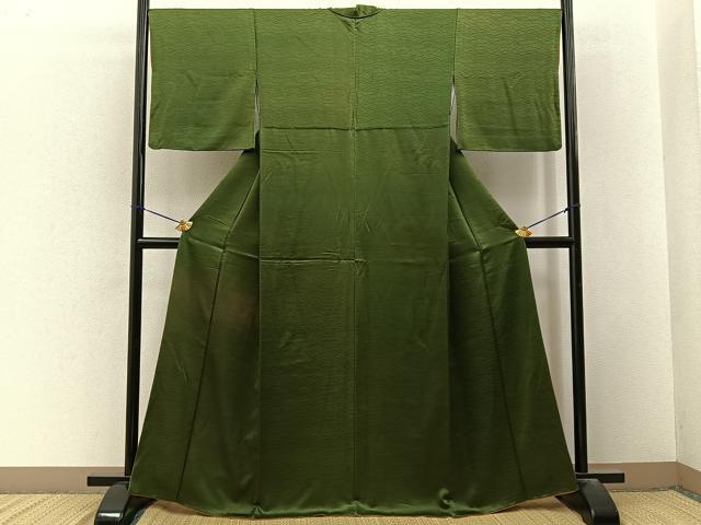 平和屋着物■上質な色無地　芝草地紋　海松色　正絹　逸品　BAAY3272hj