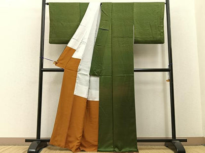 平和屋着物■上質な色無地　芝草地紋　海松色　正絹　逸品　BAAY3272hj