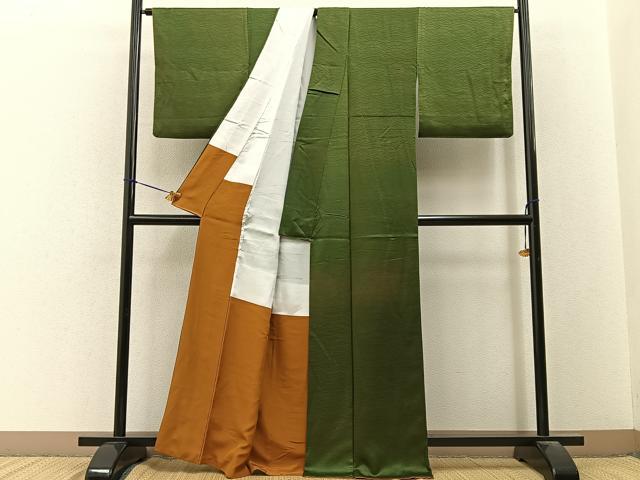 平和屋着物■上質な色無地　芝草地紋　海松色　正絹　逸品　BAAY3272hj