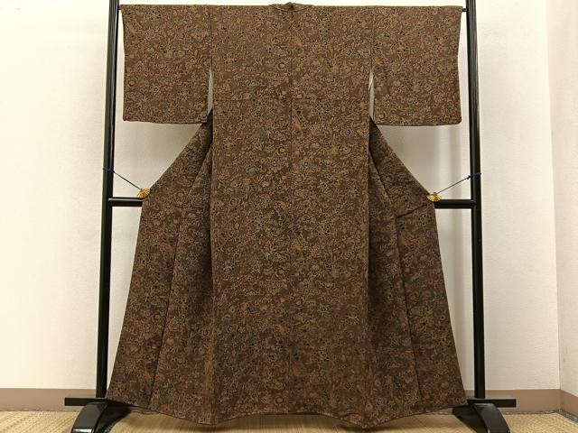 平和屋着物■上質な小紋　更紗花鳥文　鬼しぼ縮緬　正絹　逸品　BAAY3304hj