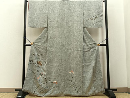 平和屋着物■訪問着　駒刺繍　扇面草花文　たたき染め　黒地　金彩　正絹　逸品　BAAY3305hj