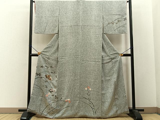 平和屋着物■訪問着　駒刺繍　扇面草花文　たたき染め　黒地　金彩　正絹　逸品　BAAY3305hj