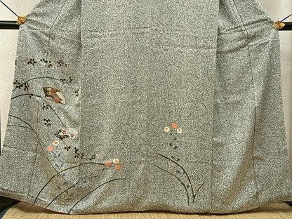 平和屋着物■訪問着　駒刺繍　扇面草花文　たたき染め　黒地　金彩　正絹　逸品　BAAY3305hj