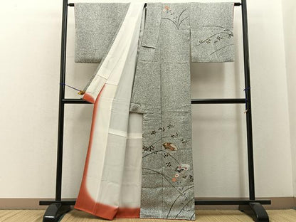 平和屋着物■訪問着　駒刺繍　扇面草花文　たたき染め　黒地　金彩　正絹　逸品　BAAY3305hj