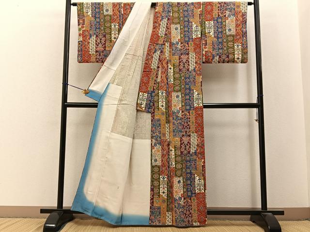平和屋着物■上質な小紋　胴抜き仕立て　紬地　型染め　更紗花鳥文　正絹　逸品　BAAY3320hj