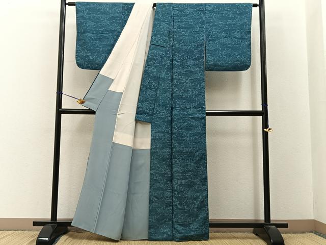 平和屋着物■上質な小紋　紬地　型染め　風景文　正絹　逸品　BAAY3322hj