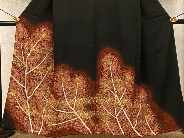 平和屋着物■豪華黒留袖　駒刺繍　若松葉　金彩　正絹　逸品　BAAY3326hj