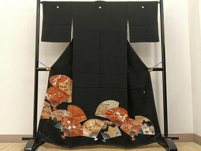 平和屋着物■豪華黒留袖　作家物　駒刺繍　扇面鳳凰花文　金彩　正絹　逸品　未使用　BAAY3327hj