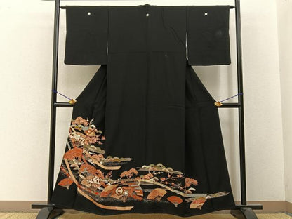 平和屋着物■豪華黒留袖　双鶴扇面花文　金彩　正絹　逸品　BAAY3333hj