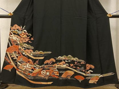 平和屋着物■豪華黒留袖　双鶴扇面花文　金彩　正絹　逸品　BAAY3333hj