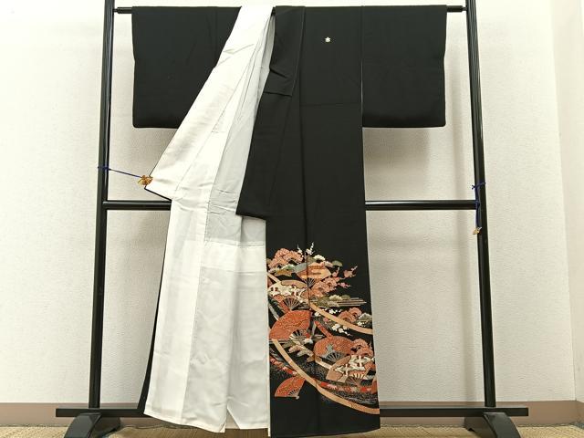 平和屋着物■豪華黒留袖　双鶴扇面花文　金彩　正絹　逸品　BAAY3333hj