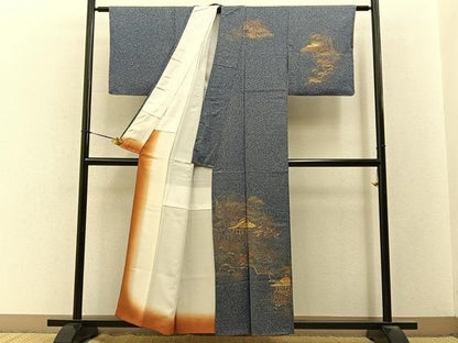 平和屋着物■訪問着　手描き　風景文　たたき染め　金彩　正絹　逸品　BAAY3335hj