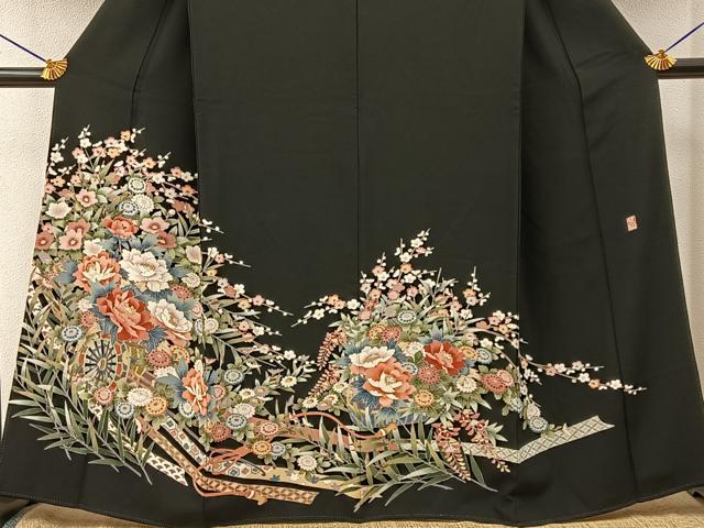 平和屋着物■豪華黒留袖　友禅　作家物　熨斗花車文　正絹　逸品　BAAY3346hj