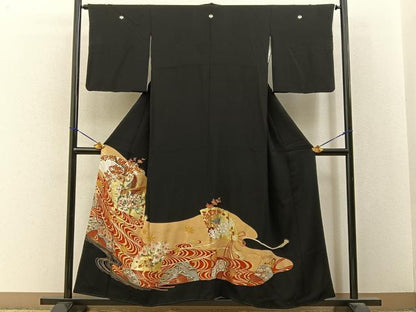 平和屋着物■豪華黒留袖　尾長鶏檜扇花文　金彩　正絹　逸品　BAAY3348hj