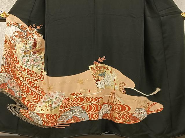 平和屋着物■豪華黒留袖　尾長鶏檜扇花文　金彩　正絹　逸品　BAAY3348hj