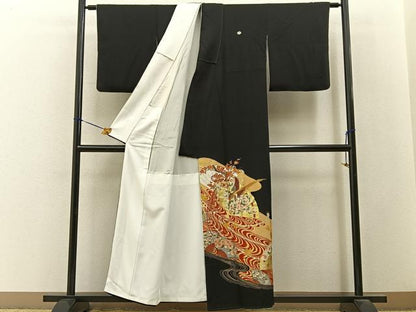 平和屋着物■豪華黒留袖　尾長鶏檜扇花文　金彩　正絹　逸品　BAAY3348hj