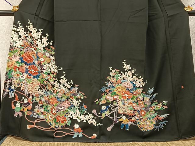 平和屋着物■豪華黒留袖　友禅　作家物　唐子　飾花文　正絹　逸品　BAAY3370hj