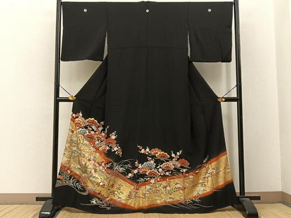 平和屋着物■豪華黒留袖　駒刺繍　松竹梅　流水花文　金銀彩　正絹　逸品　BAAY3372hj