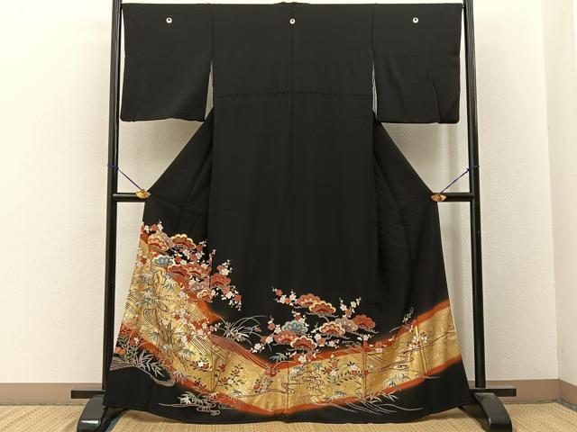 平和屋着物■豪華黒留袖　駒刺繍　松竹梅　流水花文　金銀彩　正絹　逸品　BAAY3372hj