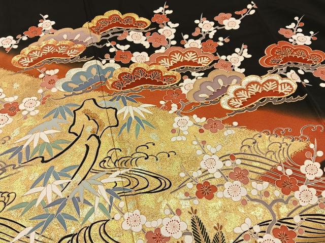 平和屋着物■豪華黒留袖　駒刺繍　松竹梅　流水花文　金銀彩　正絹　逸品　BAAY3372hj