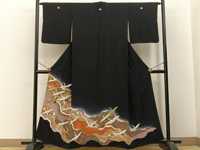 平和屋着物■豪華黒留袖　飛鶴草花文　暈し染め　金彩　正絹　逸品　BAAY3374hj