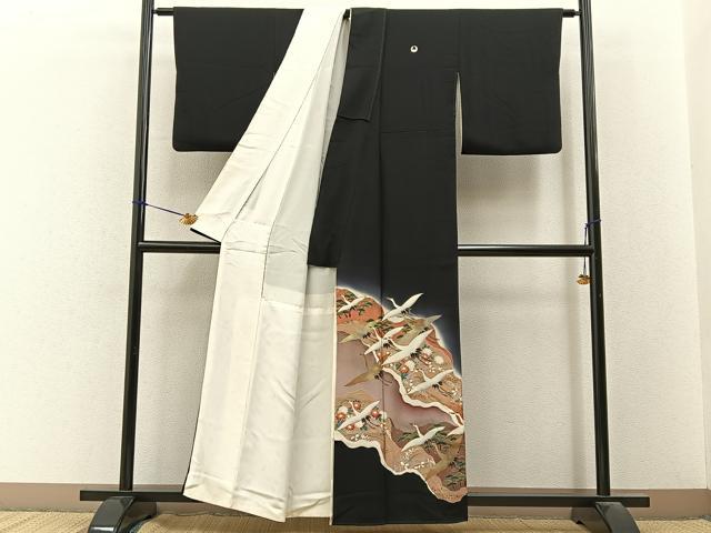 平和屋着物■豪華黒留袖　飛鶴草花文　暈し染め　金彩　正絹　逸品　BAAY3374hj
