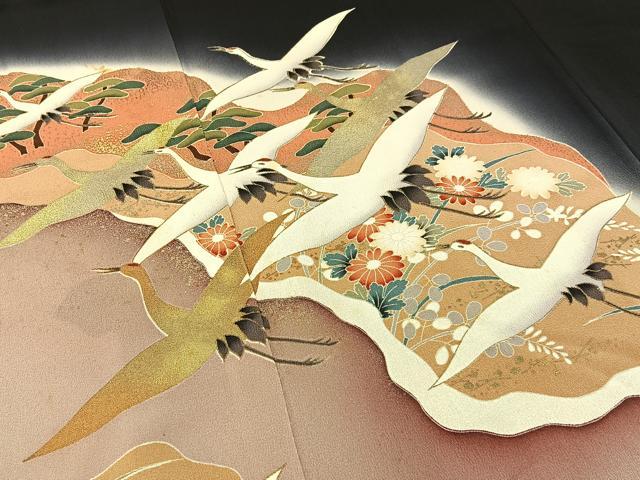 平和屋着物■豪華黒留袖　飛鶴草花文　暈し染め　金彩　正絹　逸品　BAAY3374hj