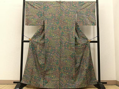 平和屋着物■上質な小紋　紬地　切嵌更紗花文　金彩　正絹　逸品　BAAY3391hj
