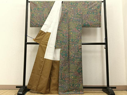 平和屋着物■上質な小紋　紬地　切嵌更紗花文　金彩　正絹　逸品　BAAY3391hj