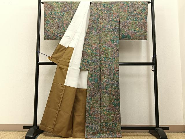 平和屋着物■上質な小紋　紬地　切嵌更紗花文　金彩　正絹　逸品　BAAY3391hj