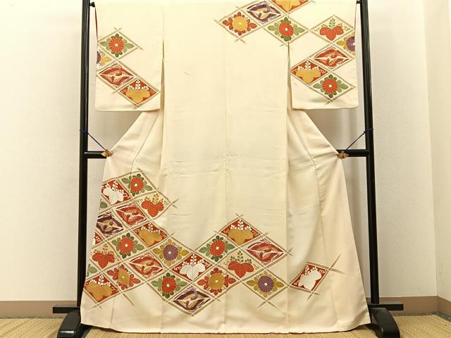 平和屋着物■訪問着　駒刺繍　菱天井花鳥文　金彩　正絹　逸品　BAAY3406hj