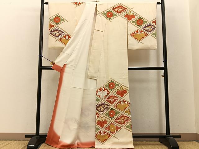 平和屋着物■訪問着　駒刺繍　菱天井花鳥文　金彩　正絹　逸品　BAAY3406hj