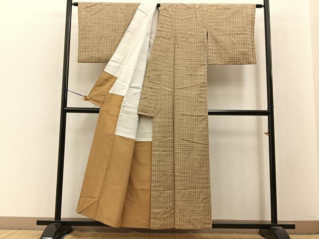 平和屋着物■上質な紬　格子柄　正絹　逸品　BAAY3407hj