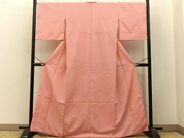 平和屋着物■色無地　菱吉祥地紋　珊瑚色　洗える着物　BAAY3415hj