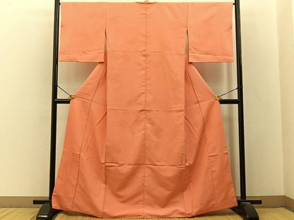 平和屋着物■色無地　菱吉祥地紋　黄丹色　洗える着物　BAAY3417hj