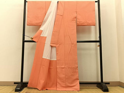 平和屋着物■色無地　菱吉祥地紋　黄丹色　洗える着物　BAAY3417hj