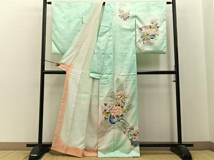 平和屋着物■訪問着　孔雀羽花車文　暈し染め　金彩　洗える着物　BAAY3424hj