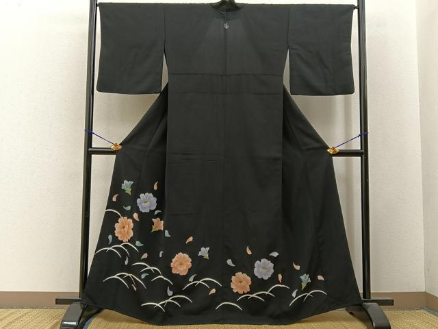 平和屋着物■訪問着　胴抜き仕立て　舞花文　黒地　金彩　鬼しぼ縮緬　洗える着物　BAAY3426hj