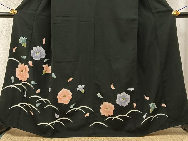 平和屋着物■訪問着　胴抜き仕立て　舞花文　黒地　金彩　鬼しぼ縮緬　洗える着物　BAAY3426hj