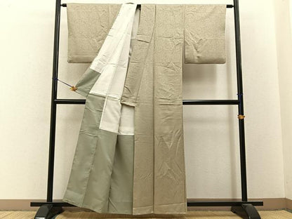 平和屋着物■色無地　銀杏地紋　白橡色　洗える着物　BAAY3428hj