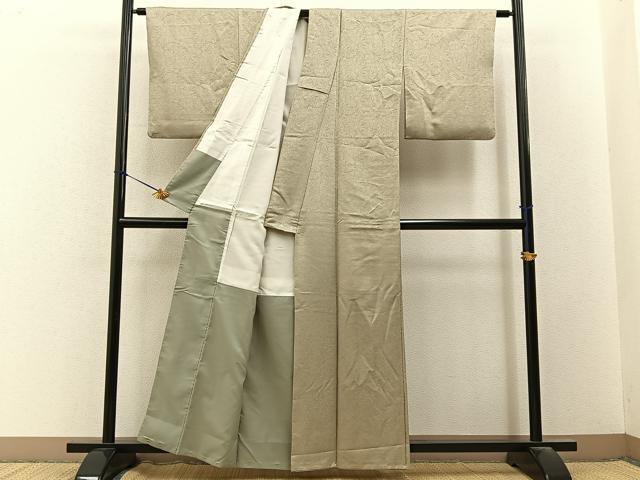 平和屋着物■色無地　銀杏地紋　白橡色　洗える着物　BAAY3428hj