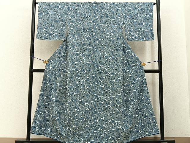 平和屋着物■小紋　型染め　菊唐草文　洗える着物　未使用　BAAY3433hj