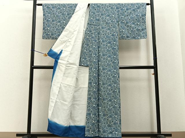 平和屋着物■小紋　型染め　菊唐草文　洗える着物　未使用　BAAY3433hj